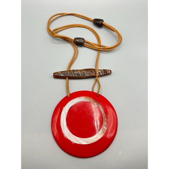 Oversized Red Statement Necklace Big Round Pendant with Mother of Pearl & Horn - Picture 4 of 11